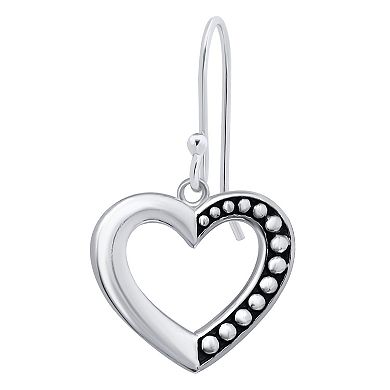 Aleure Precioso Sterling Silver 1/2 Beaded & 1/2 Polished Open Heart Fishhook Drop Earrings