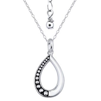 Aleure Precioso Sterling Silver 1/2 Beaded & 1/2 Polished Open Teardrop Pendant Necklace