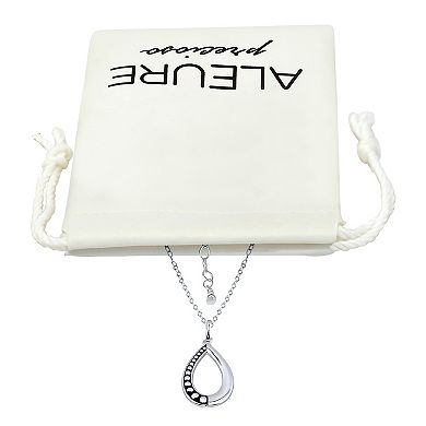 Aleure Precioso Sterling Silver 1/2 Beaded & 1/2 Polished Open Teardrop Pendant Necklace
