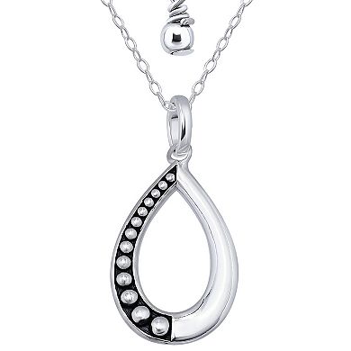 Aleure Precioso Sterling Silver 1/2 Beaded & 1/2 Polished Open Teardrop Pendant Necklace