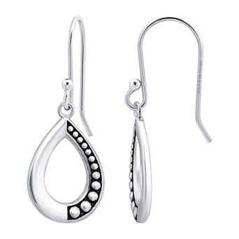 Aleure Precioso Sterling Silver 1/2 Beaded & 1/2 Polished Open Teardrop Fishhook Drop Earrings