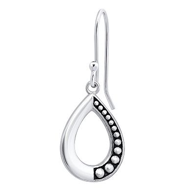 Aleure Precioso Sterling Silver 1/2 Beaded & 1/2 Polished Open Teardrop Fishhook Drop Earrings