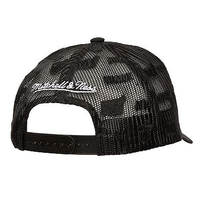 Men's Mitchell & Ness Black Miami Heat Monogram Allover Logo Mesh Trucker Adjustable Hat