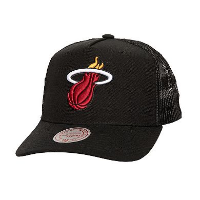 Men's Mitchell & Ness Black Miami Heat Monogram Allover Logo Mesh Trucker Adjustable Hat