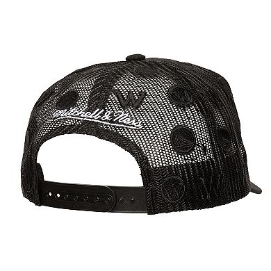Men's Mitchell & Ness Black Golden State Warriors Monogram Allover Logo Mesh Trucker Adjustable Hat