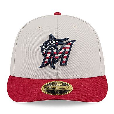 Men's New Era Khaki/Red Miami Marlins 2024 Fourth of July Low Profile 59FIFTY Fitted Hat