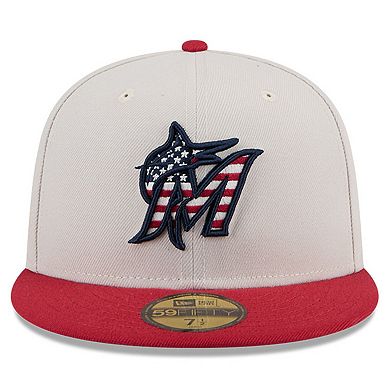 Men's New Era Khaki/Red Miami Marlins 2024 Fourth of July 59FIFTY Fitted Hat