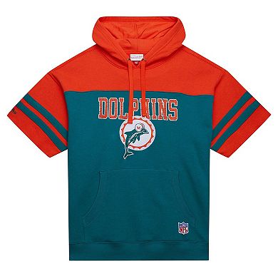 Men's Mitchell & Ness Aqua Miami Dolphins Off Field Vintage Logo Short Sleeve Pullover Hoodie