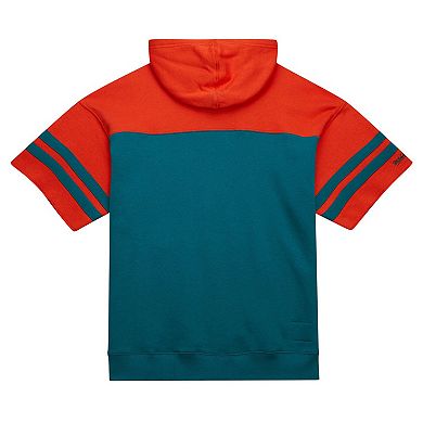 Men's Mitchell & Ness Aqua Miami Dolphins Off Field Vintage Logo Short Sleeve Pullover Hoodie