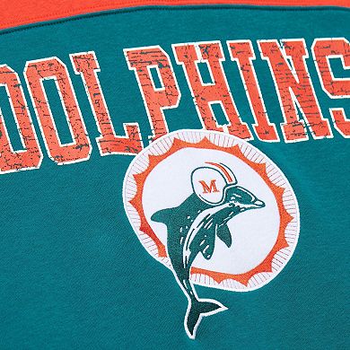 Men's Mitchell & Ness Aqua Miami Dolphins Off Field Vintage Logo Short Sleeve Pullover Hoodie