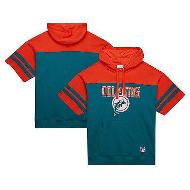 Men's Mitchell & Ness Aqua Miami Dolphins Off Field Vintage Logo Short Sleeve Pullover Hoodie