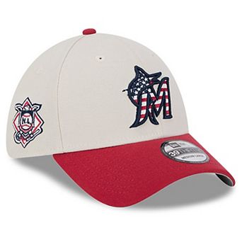 Men's New Era Khaki/Red Miami Marlins 2024 Fourth of July 39THIRTY Flex Hat
