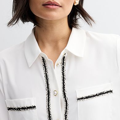 Women's Ellen Tracy Button Front Satin Blouse With Tweed Trim