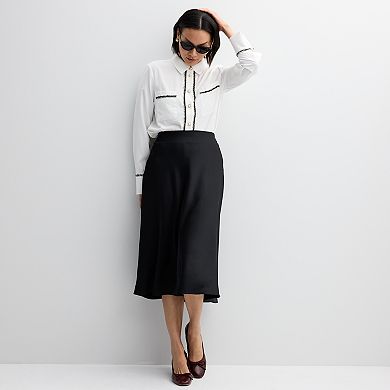 Women's Ellen Tracy Button Front Satin Blouse With Tweed Trim