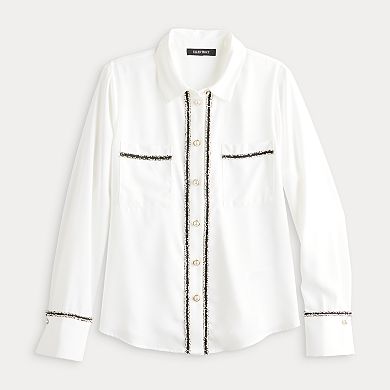Women's Ellen Tracy Button Front Satin Blouse With Tweed Trim