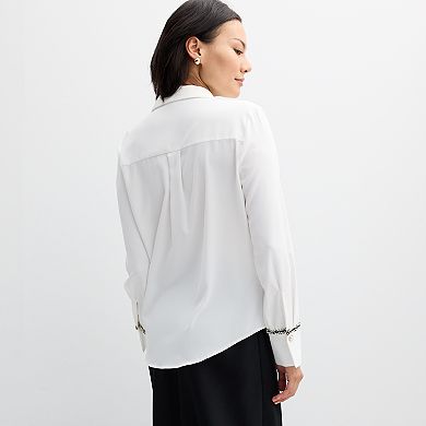 Women's Ellen Tracy Button Front Satin Blouse With Tweed Trim