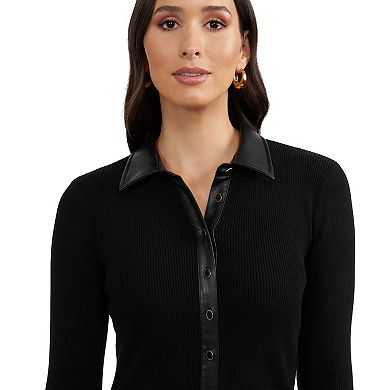 Women's Ellen Tracy Rib Knit Faux Leather Trim Sweater