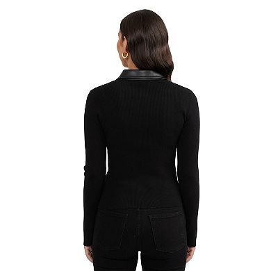 Women's Ellen Tracy Rib Knit Faux Leather Trim Sweater