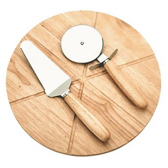 14" Wooden Pizza Board With Precision Cutting Wheel & Server