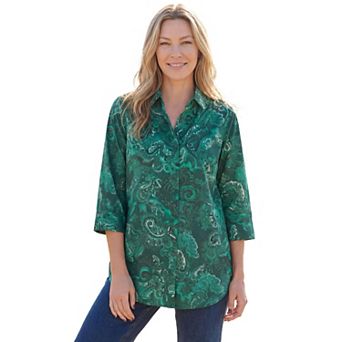 Woman Within Plus Size No Iron Three-Quarter Sleeve Peachskin Shirt