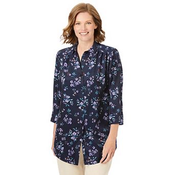 Woman Within Plus Size No Iron Three-Quarter Sleeve Peachskin Shirt