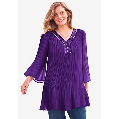 Woman Within Plus Size Embellished Pleated Blouse
