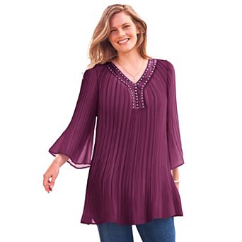 Woman Within Plus Size Embellished Pleated Blouse