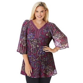 Woman Within Plus Size Embellished Pleated Blouse