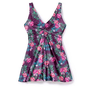 Swim 365 Women's Plus Size Twist-Front V-Neck Tummy Control A-Line Swim Dress