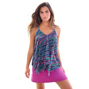 Swim 365 Women's Plus Size Longer-Length Draped Mesh Racerback Tankini Top