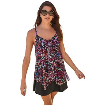 Swim 365 Women's Plus Size Longer-Length Draped Mesh Racerback Tankini Top