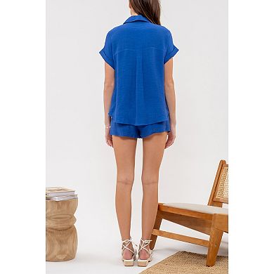 August Sky Women's Gauze Button Up And Shorts Set