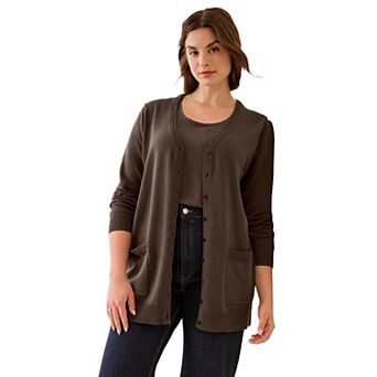 Ellos Plus Size V-Neck Button-Front 100% Cotton Boyfriend Cardigan