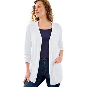 Ellos Plus Size V-Neck Button-Front 100% Cotton Boyfriend Cardigan