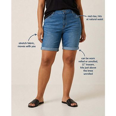 Ellos Plus Size Mid-Rise Stretch Denim Bermuda Shorts