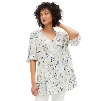 ellos Women's Plus Size Button Front Crinkle Tunic