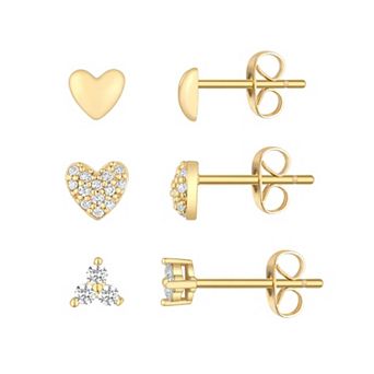 Taylor Grace 14k Gold Plated Cubic Zirconia Heart Stud Earring Trio Set