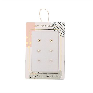 Taylor Grace 14k Gold Plated Cubic Zirconia Heart Stud Earring Trio Set