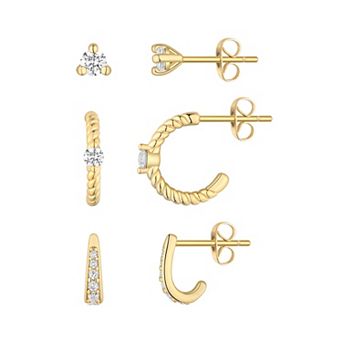 Taylor Grace 14k Gold Plated Cubic Zirconia Stud & Post Hoop Earring Trio Set