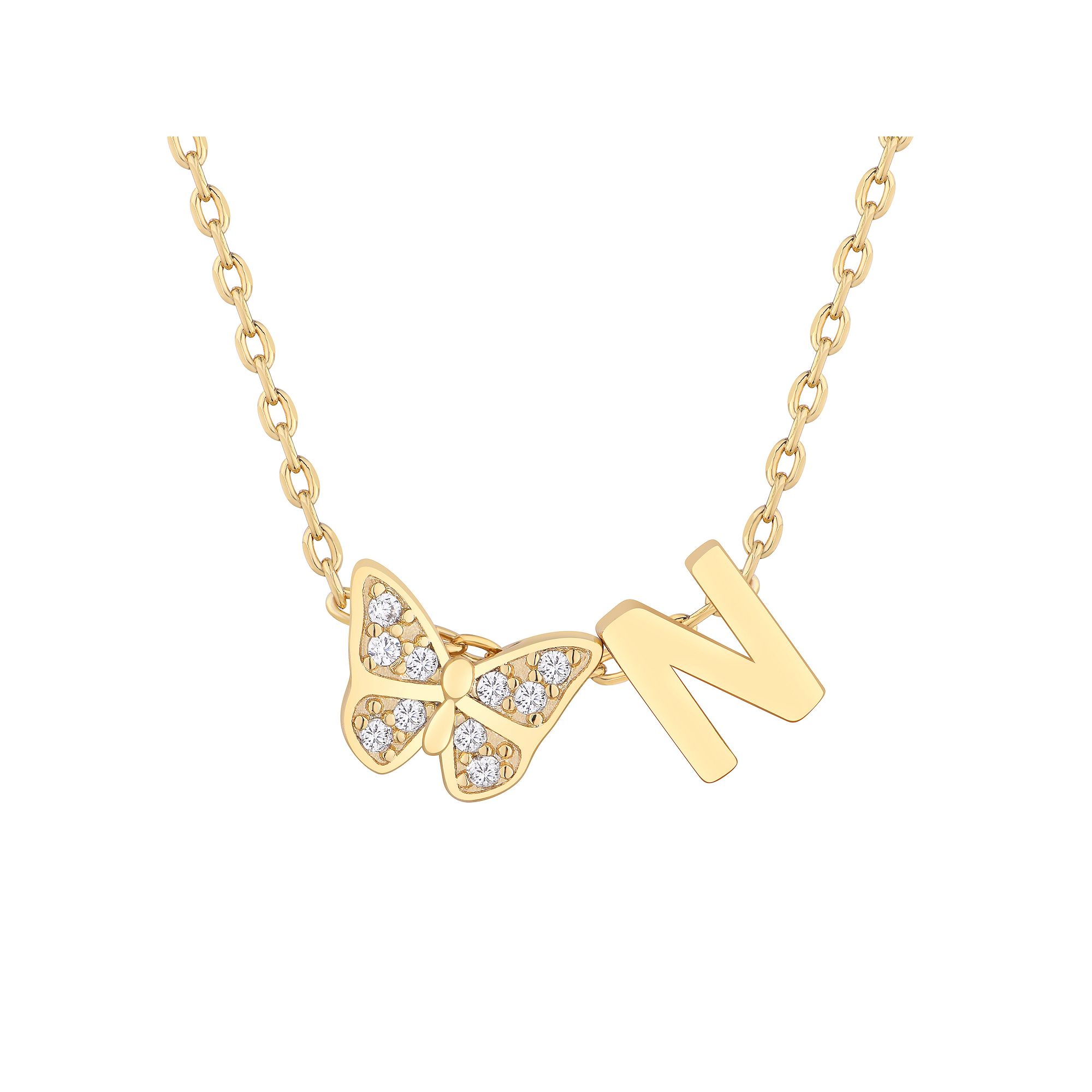 Taylor Grace 14k Gold Plated Cubic Zirconia Butterfly Initial Necklace, Wo