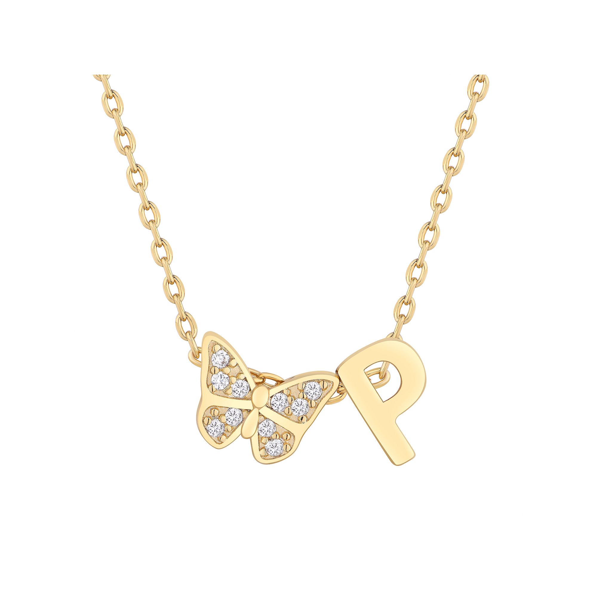 Taylor Grace 14k Gold Plated Cubic Zirconia Butterfly Initial Necklace, Wo