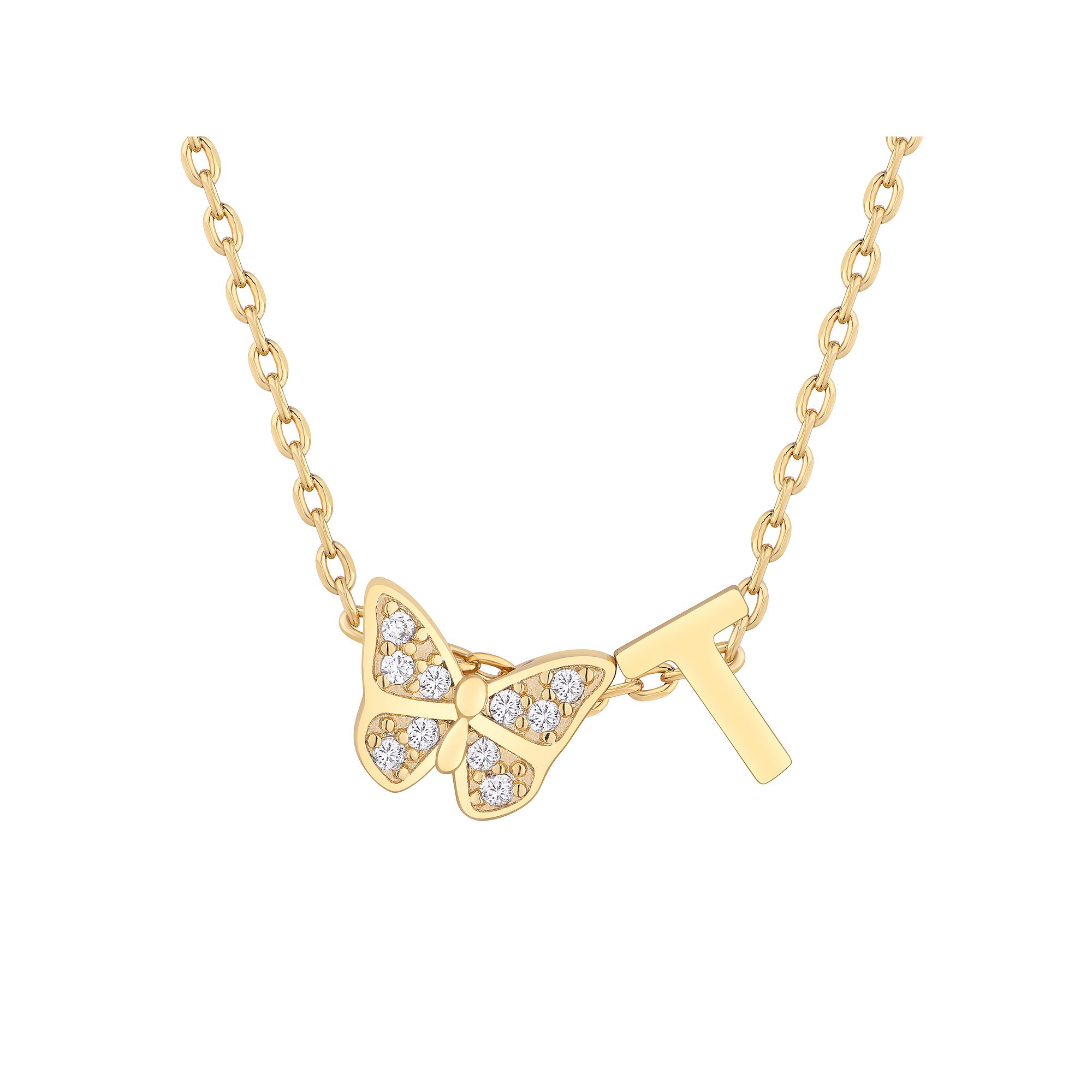 Taylor Grace 14k Gold Plated Cubic Zirconia Butterfly Initial Necklace, Wo