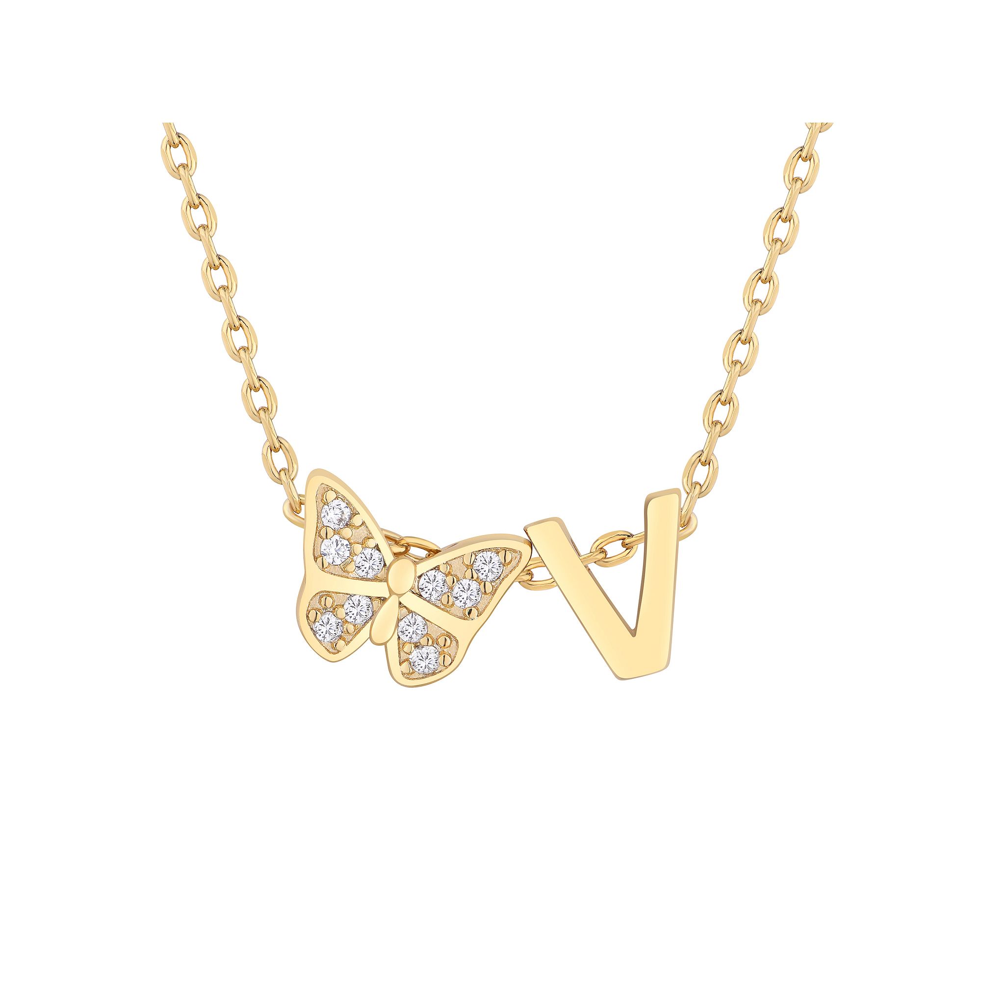 Taylor Grace 14k Gold Plated Cubic Zirconia Butterfly Initial Necklace, Wo