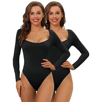 2 Packs Women's Long Sleeve Bodysuit Shapewear Slim Fit Stretchy Square Neck Leotard Jumpsuit Tops