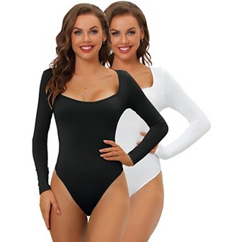 2 Packs Women's Long Sleeve Bodysuit Shapewear Slim Fit Stretchy Square Neck Leotard Jumpsuit Tops