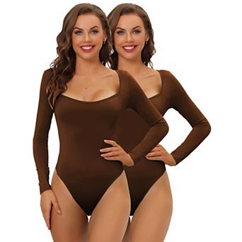 2 Packs Women's Long Sleeve Bodysuit Shapewear Slim Fit Stretchy Square Neck Leotard Jumpsuit Tops