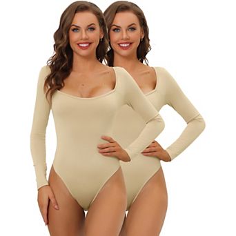 2 Packs Women's Long Sleeve Bodysuit Shapewear Slim Fit Stretchy Square Neck Leotard Jumpsuit Tops