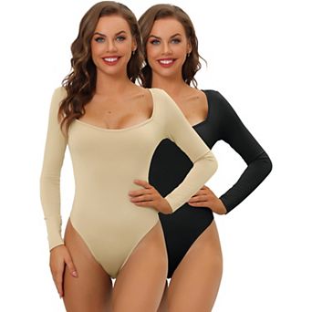 2 Packs Women's Long Sleeve Bodysuit Shapewear Slim Fit Stretchy Square Neck Leotard Jumpsuit Tops