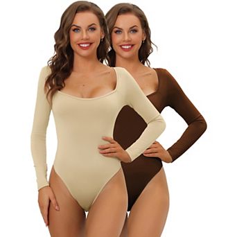 2 Packs Women's Long Sleeve Bodysuit Shapewear Slim Fit Stretchy Square Neck Leotard Jumpsuit Tops