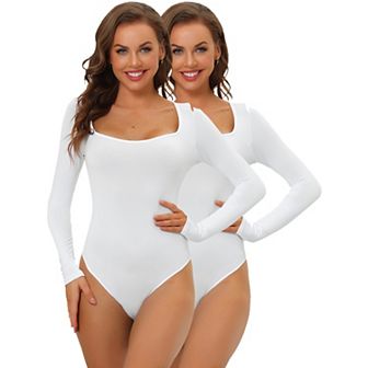 2 Packs Women's Long Sleeve Bodysuit Shapewear Slim Fit Stretchy Square Neck Leotard Jumpsuit Tops